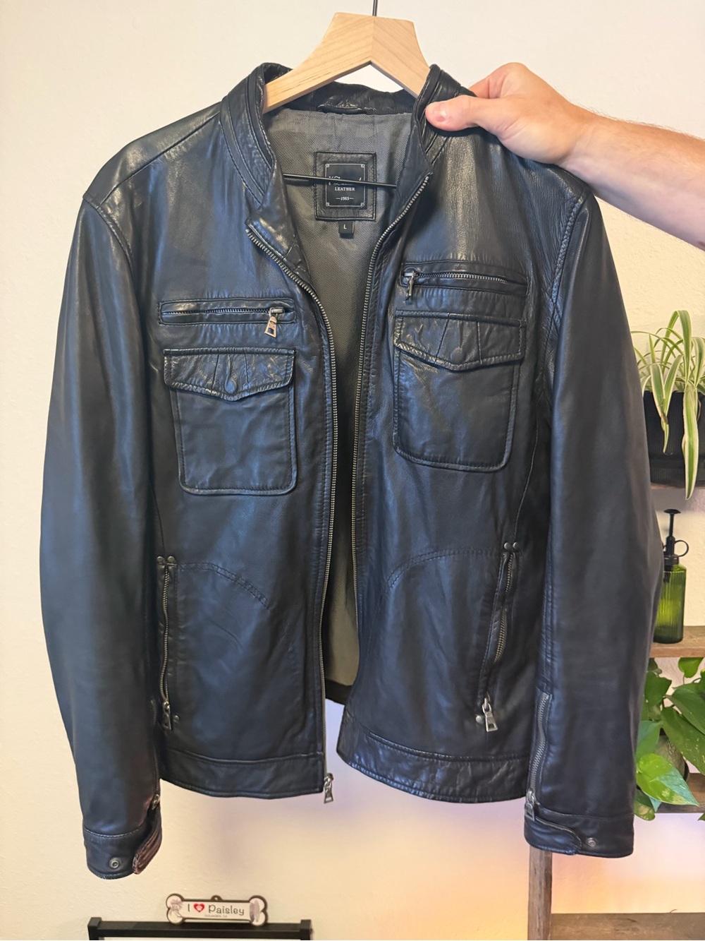 7 Diamonds Black Leather Bomber Jacket with Chest Pockets
